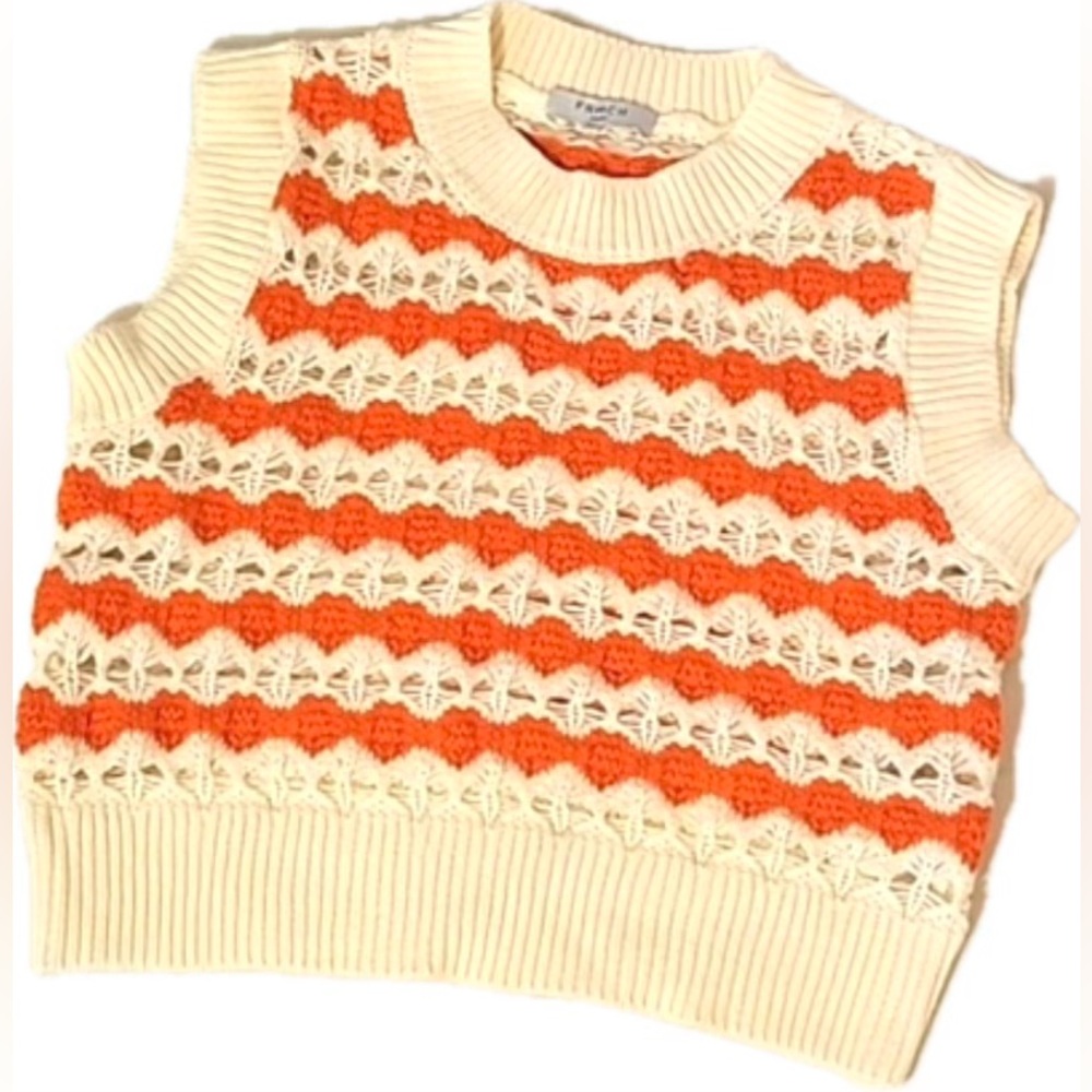 NEW NWT FRNCH Crochet Knit Crop Top Cream & Orange Burnt Siena S/M Small Medium